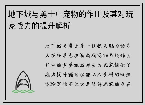 地下城与勇士中宠物的作用及其对玩家战力的提升解析